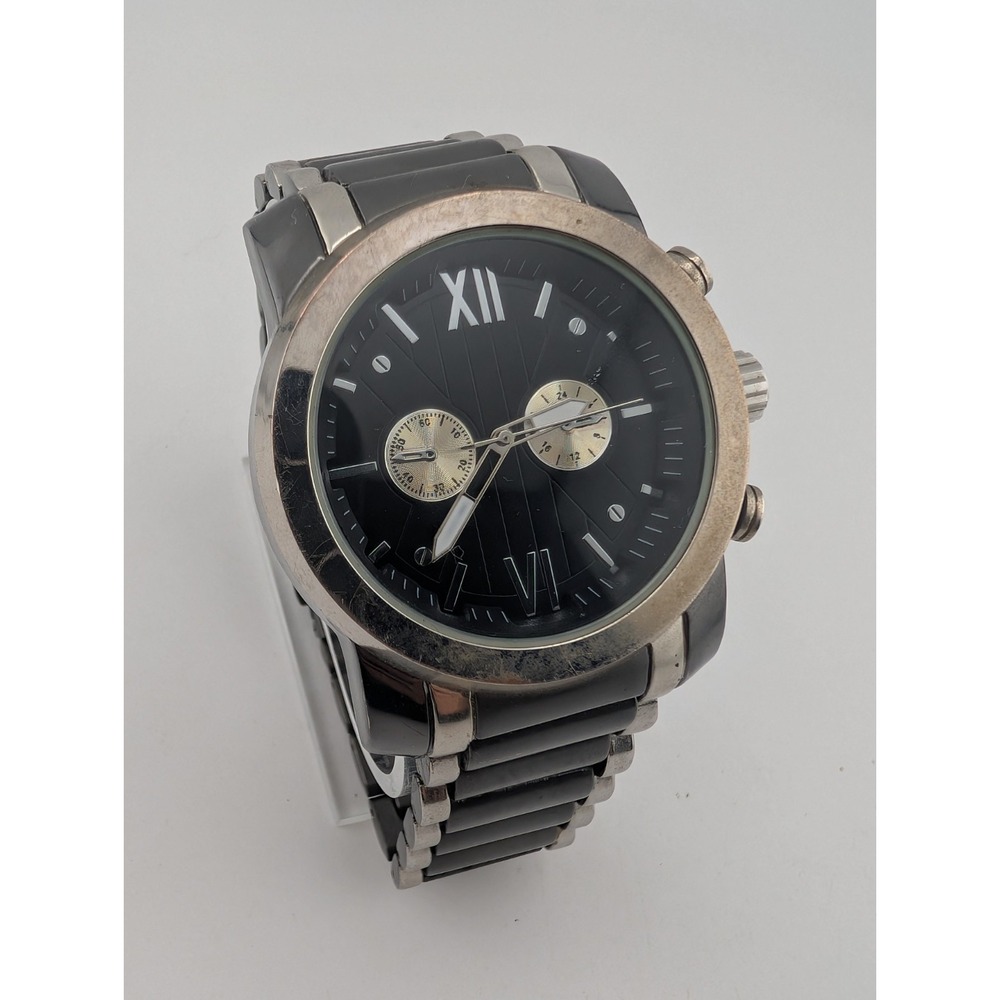 Accutime Men's Watch 44mm Case Black & Silver 8.5" Band- New Battery
